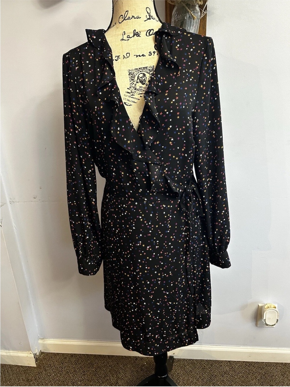 POPSUGAR Black Star-Print Ruffle Wrap Dress